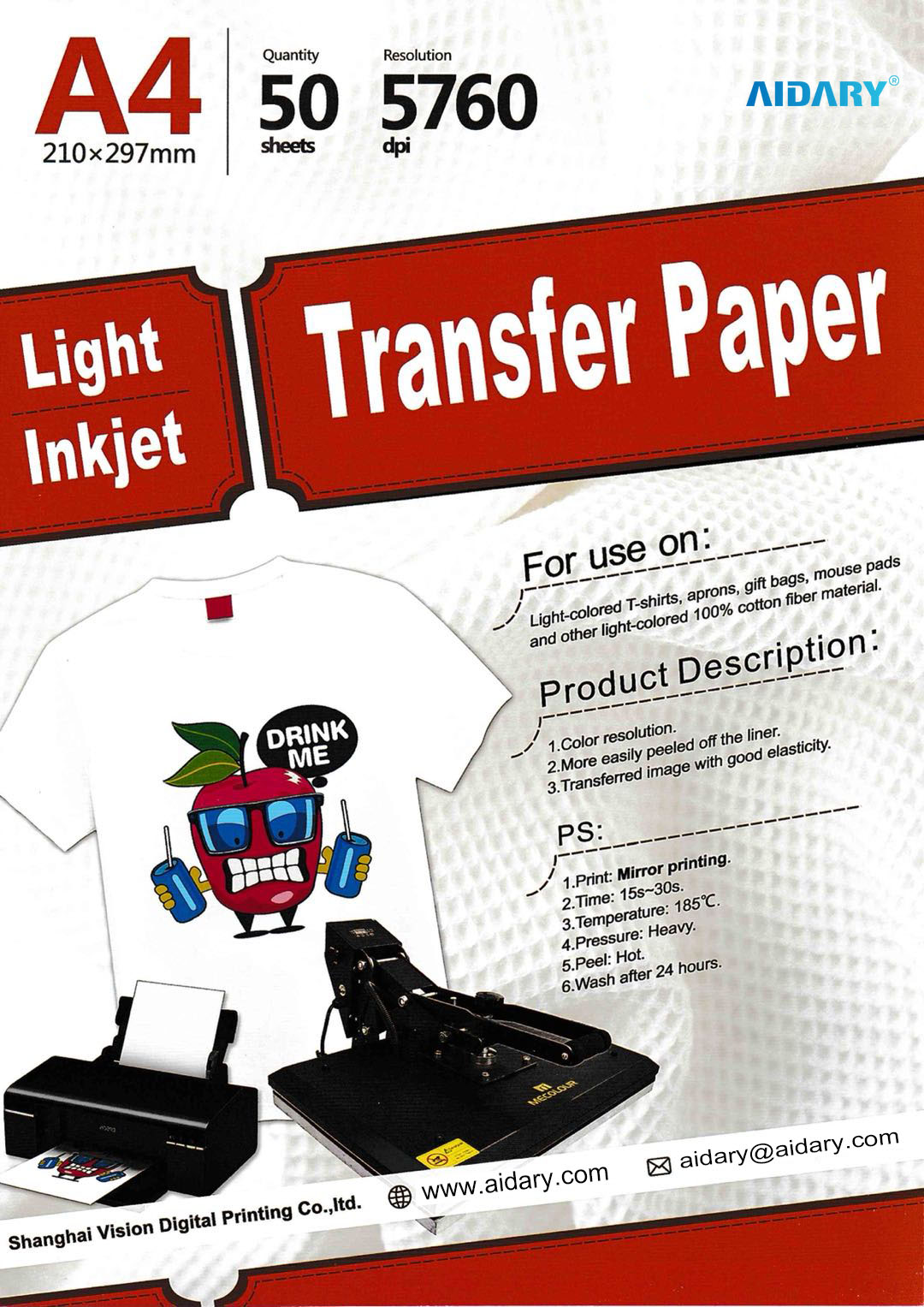 A4 Ink Jet Light Transfer Paper for Light Full Cotton Tshirt