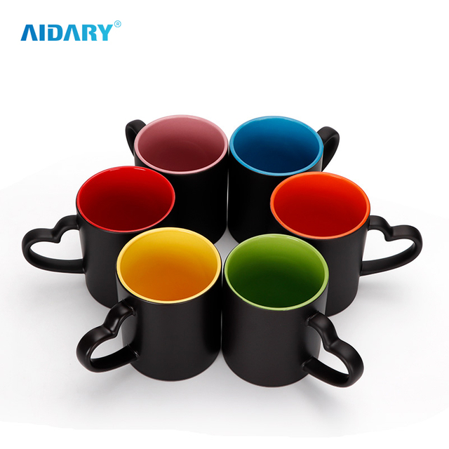 AIDARY Matte Whole Colour Changed Heart Handl Inner Colorful Sublimation Ceramic Mug